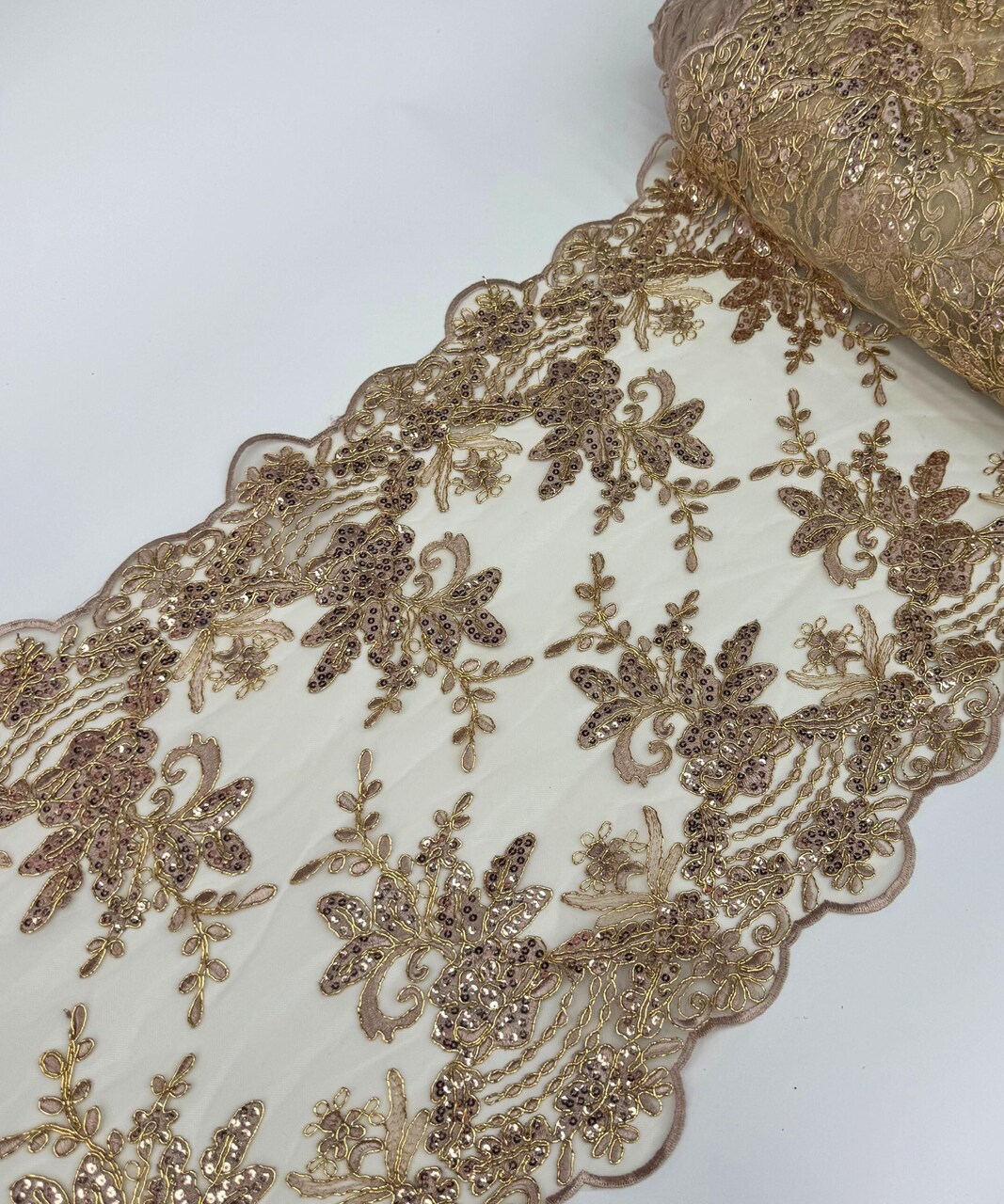Rose Gold Floral Embroidered Lace Table Runner by the Yard, 14" Wide Sequin Mesh Lace Trim with Scalloped Edges